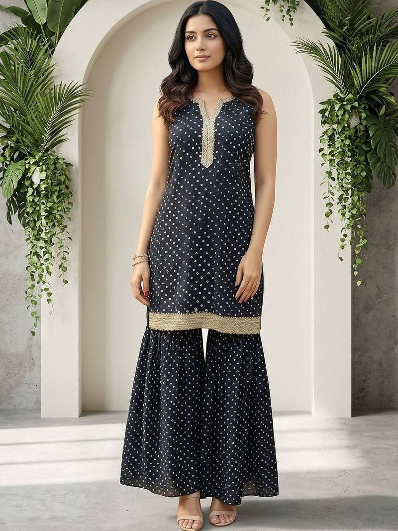 Women Ethnic Motifs Printed Regular Thread Work Kurta with Sharara