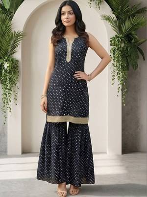 Women Ethnic Motifs Printed Regular Thread Work Kurta with Sharara 3