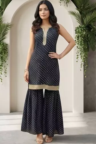 Women Ethnic Motifs Printed Regular Thread Work Kurta with Sharara