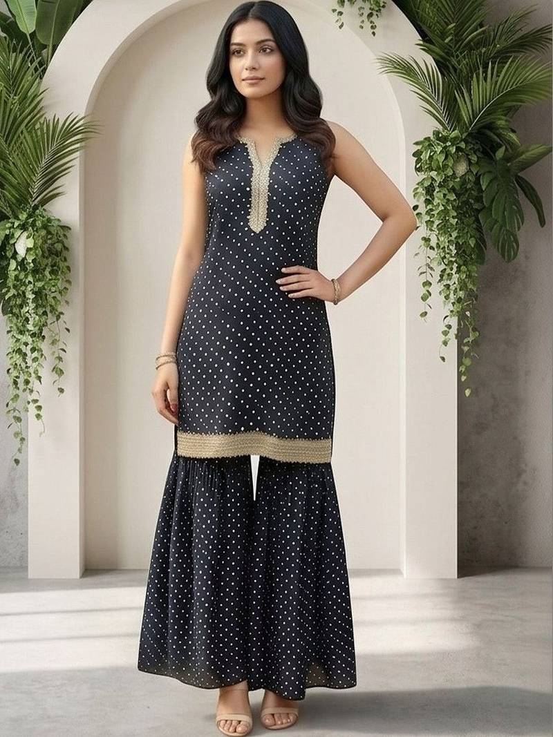 Women Ethnic Motifs Printed Regular Thread Work Kurta with Sharara