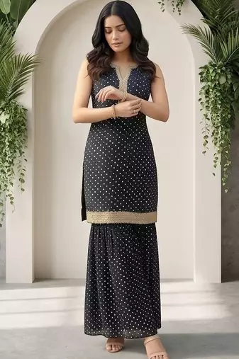 Women Ethnic Motifs Printed Regular Thread Work Kurta with Sharara
