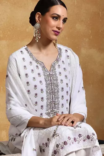 Women Floral Embroidered Regular Thread Work Pure Cotton Kurta with Trousers & With Dupatta