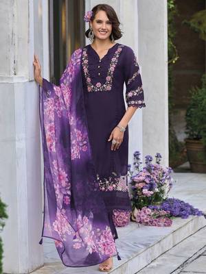 Floral Embroidered Thread Work  Cotton Straight Kurta With Trousers & Dupatta 1
