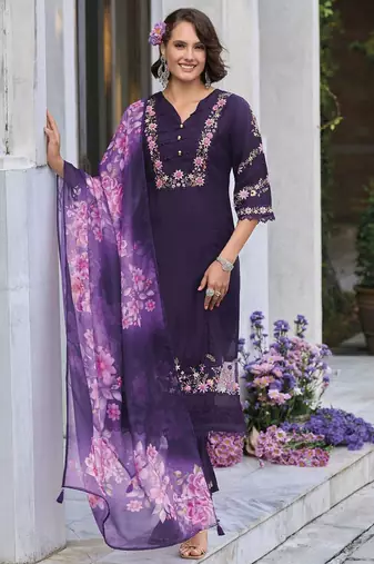 Floral Embroidered Thread Work  Cotton Straight Kurta With Trousers & Dupatta