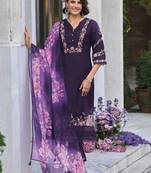 Floral Embroidered Thread Work  Cotton Straight Kurta With Trousers & Dupatta