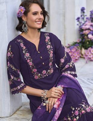 Floral Embroidered Thread Work  Cotton Straight Kurta With Trousers & Dupatta 2