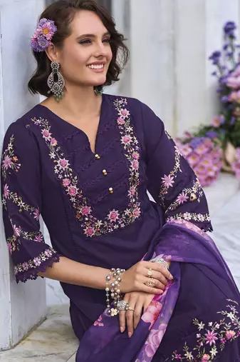 Floral Embroidered Thread Work  Cotton Straight Kurta With Trousers & Dupatta