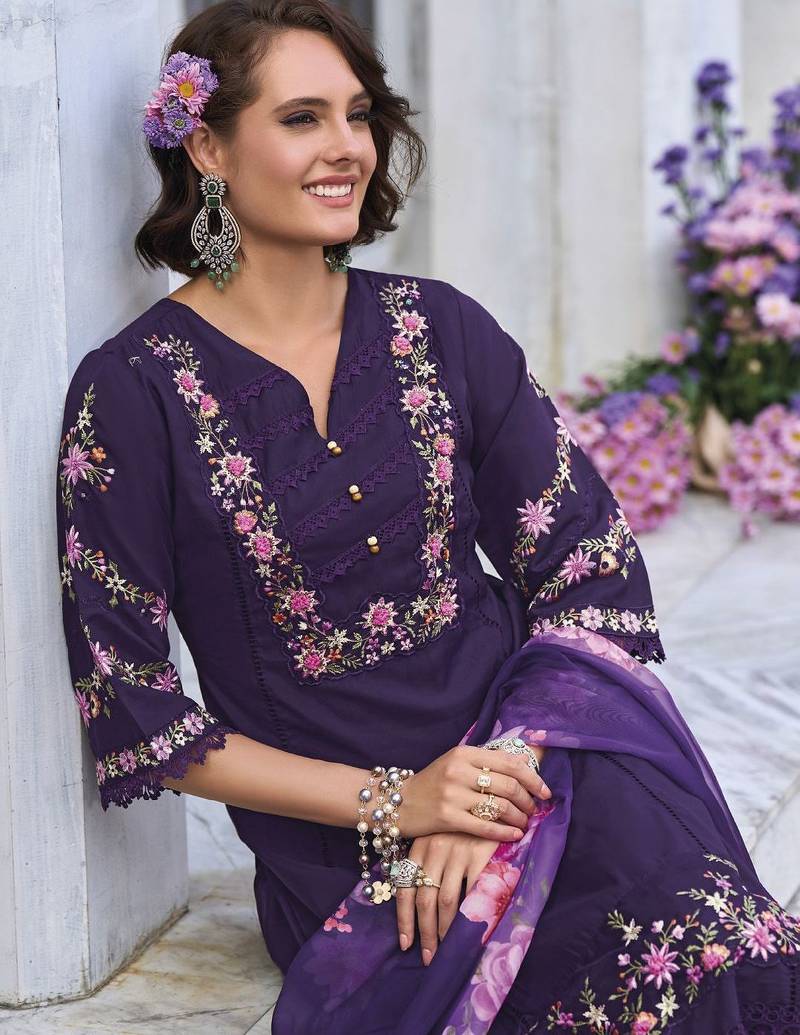 Floral Embroidered Thread Work  Cotton Straight Kurta With Trousers & Dupatta