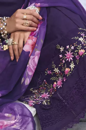 Floral Embroidered Thread Work  Cotton Straight Kurta With Trousers & Dupatta