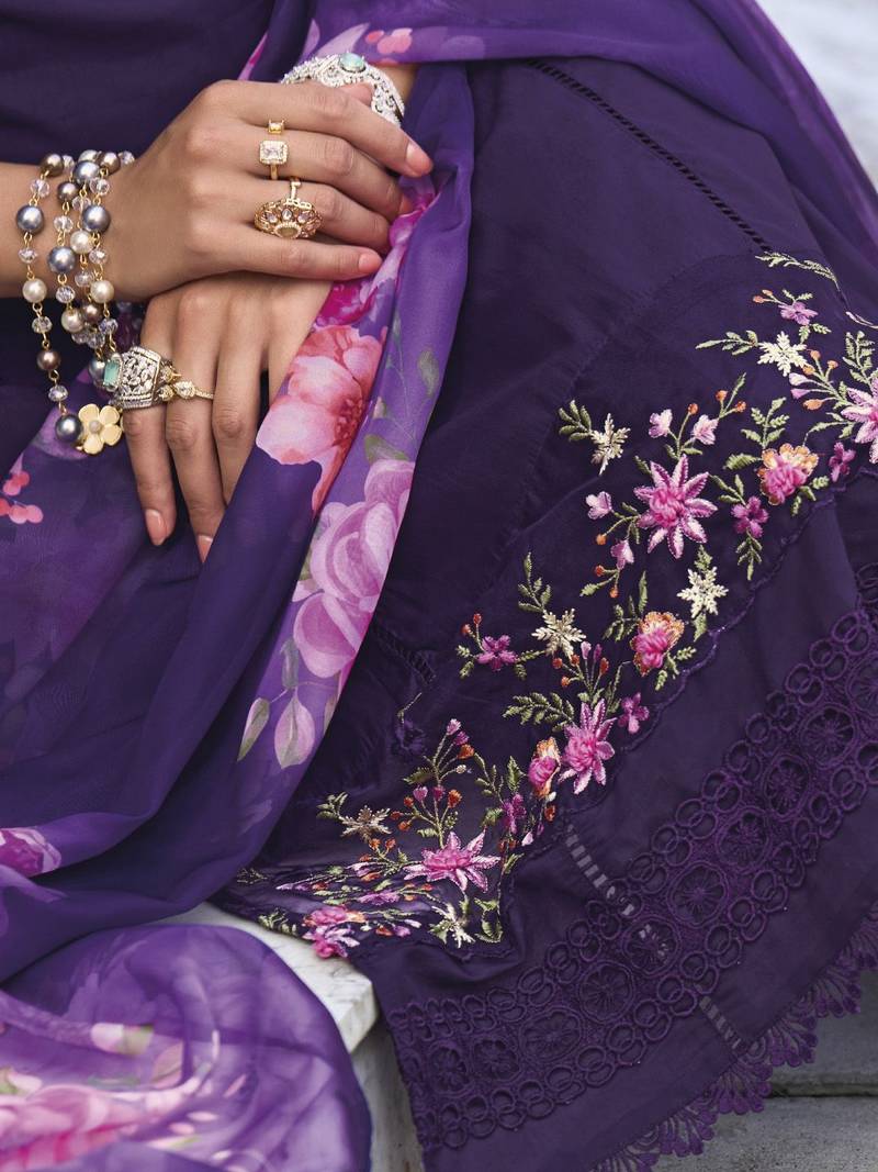 Floral Embroidered Thread Work  Cotton Straight Kurta With Trousers & Dupatta