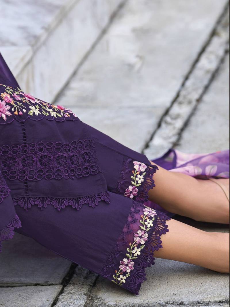 Floral Embroidered Thread Work  Cotton Straight Kurta With Trousers & Dupatta