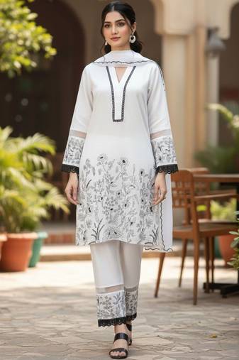 Women Floral Embroidered Regular Thread Work Kurta with Trousers & With Dupatta