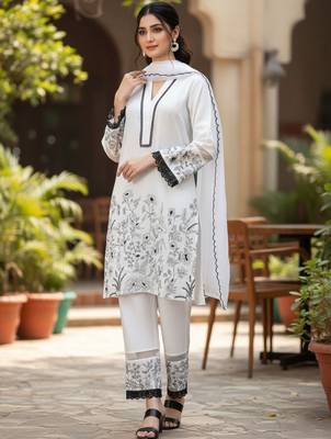 Women Floral Embroidered Regular Thread Work Kurta with Trousers & With Dupatta 3