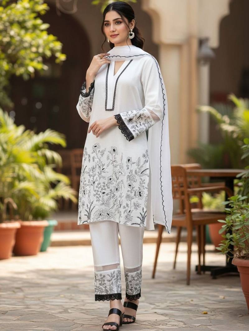 Women Floral Embroidered Regular Thread Work Kurta with Trousers & With Dupatta