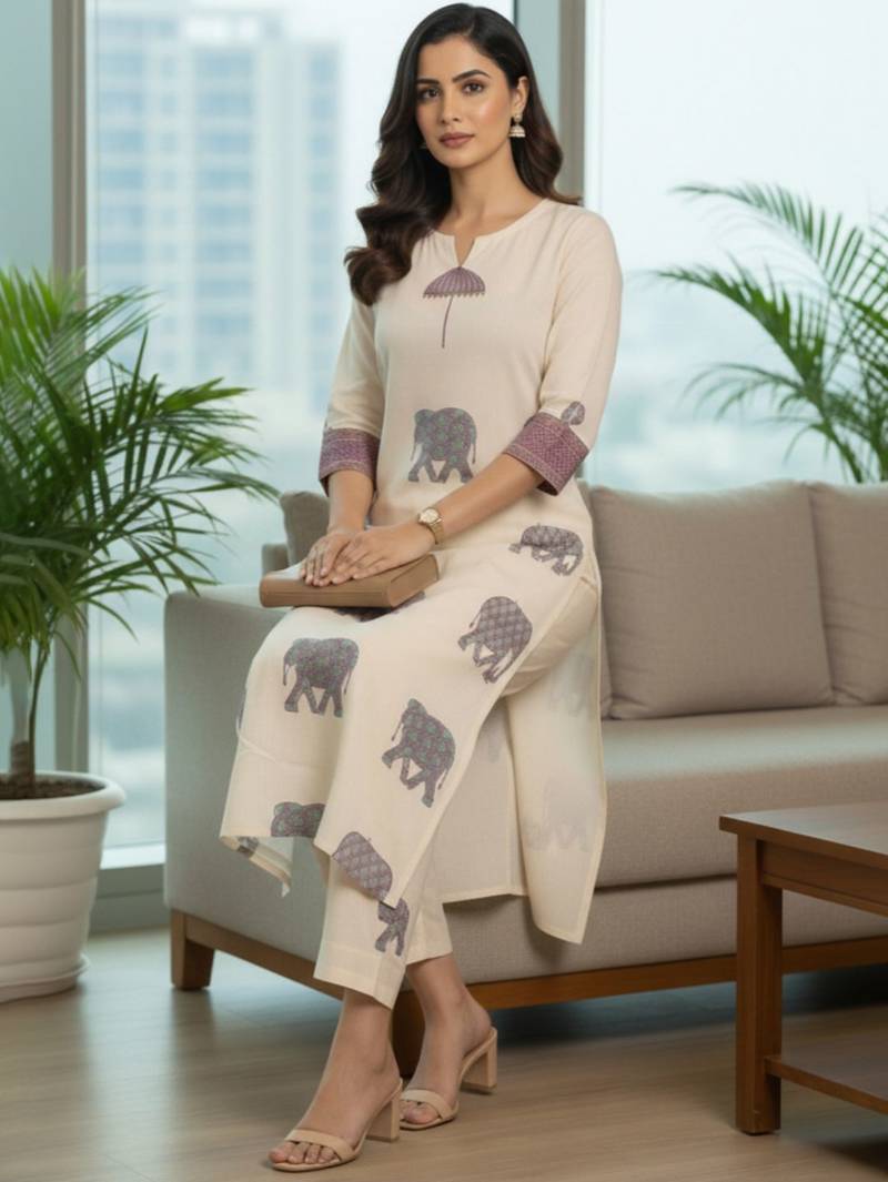 Women Ethnic Motifs Printed Regular  Cotton Kurta with Trousers