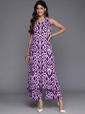 Ethnic Motifs Printed V-Neck Sleeveless  Cotton Kurta & Palazzo 1
