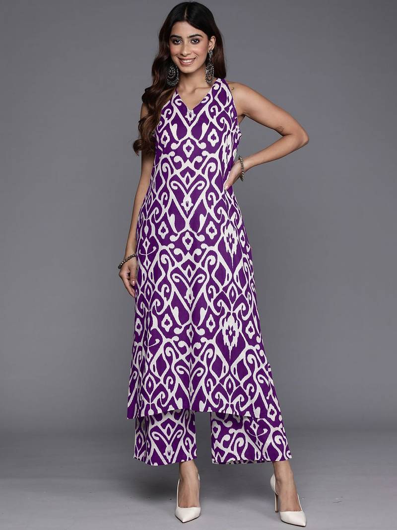 Ethnic Motifs Printed V-Neck Sleeveless  Cotton Kurta & Palazzo