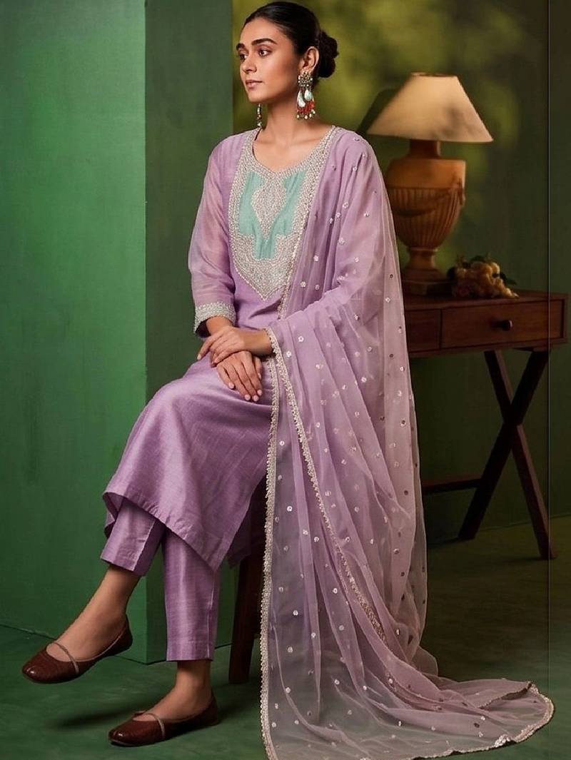 Women Ethnic Motifs Embroidered Regular Thread Work Kurta with Trousers & With Dupatta