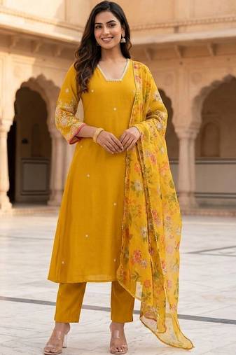 Women Floral Embroidered Regular Thread Work Kurta with Trousers & With Dupatta