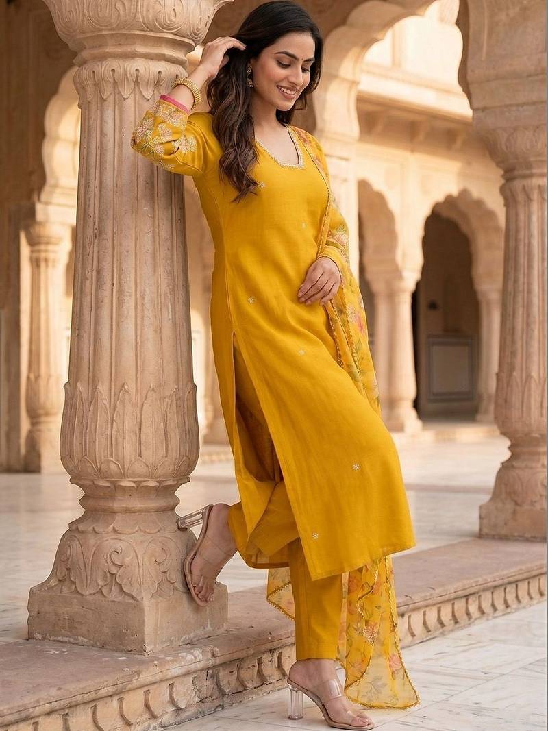 Women Floral Embroidered Regular Thread Work Kurta with Trousers & With Dupatta
