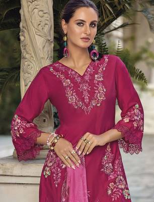 Floral Embroidered V Neck Thread Work  Cotton Kurta With Trouser And Dupatta 2