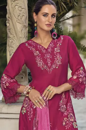 Floral Embroidered V Neck Thread Work  Cotton Kurta With Trouser And Dupatta