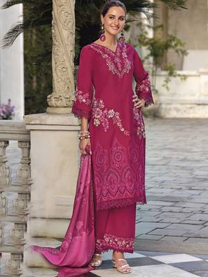 Floral Embroidered V Neck Thread Work  Cotton Kurta With Trouser And Dupatta 1