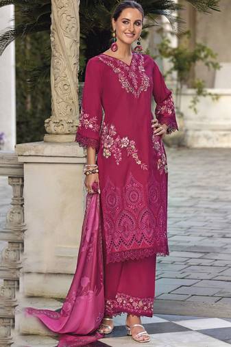 Floral Embroidered V Neck Thread Work  Cotton Kurta With Trouser And Dupatta