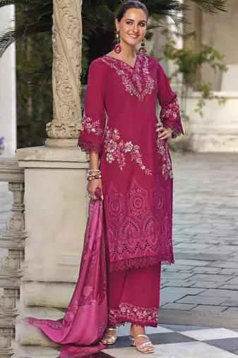 Floral Embroidered V Neck Thread Work  Cotton Kurta With Trouser And Dupatta