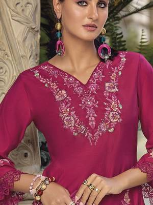 Floral Embroidered V Neck Thread Work  Cotton Kurta With Trouser And Dupatta 3