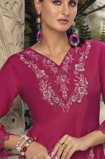 Floral Embroidered V Neck Thread Work  Cotton Kurta With Trouser And Dupatta