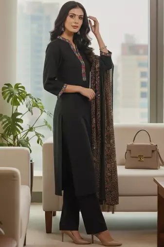 Women Ethnic Motifs Yoke Design Regular Phulkari  Cotton Kurta with Trousers & With Dupatta