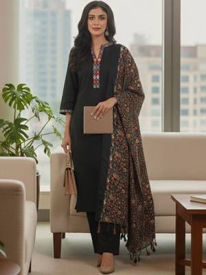 Women Ethnic Motifs Yoke Design Regular Phulkari  Cotton Kurta with Trousers & With Dupatta 2