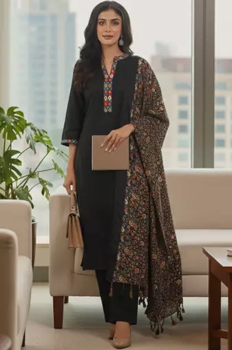 Women Ethnic Motifs Yoke Design Regular Phulkari  Cotton Kurta with Trousers & With Dupatta