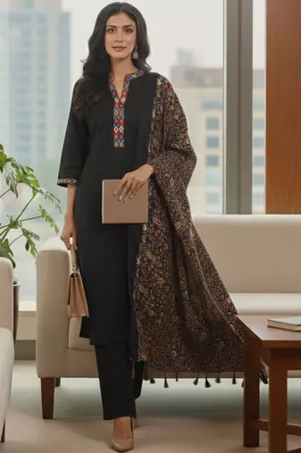 Women Ethnic Motifs Yoke Design Regular Phulkari  Cotton Kurta with Trousers & With Dupatta