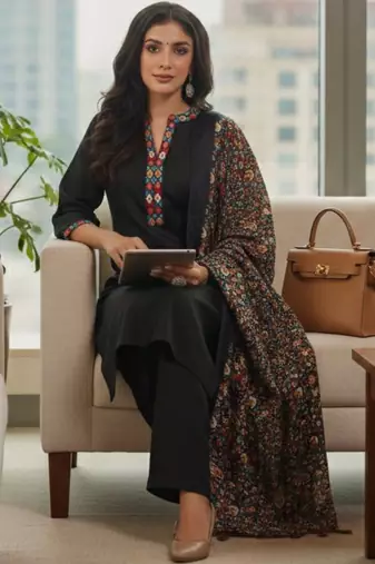 Women Ethnic Motifs Yoke Design Regular Phulkari  Cotton Kurta with Trousers & With Dupatta