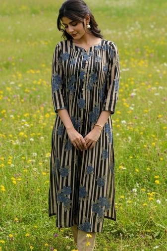 Cotton Striped Printed A Line Kurta With Trouser