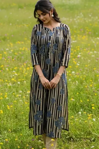 Cotton Striped Printed A Line Kurta With Trouser