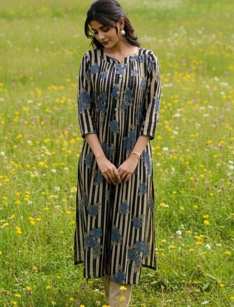 Cotton Striped Printed A Line Kurta With Trouser