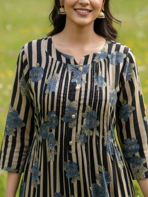 Cotton Striped Printed A Line Kurta With Trouser 2