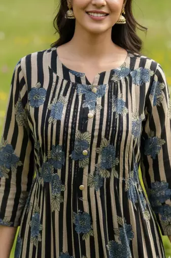 Cotton Striped Printed A Line Kurta With Trouser