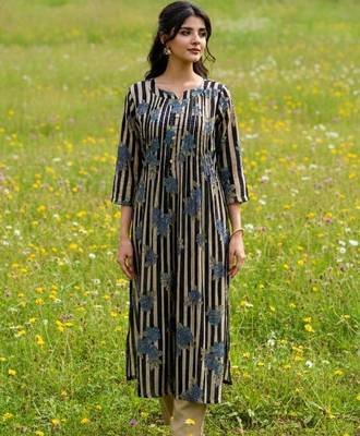 Cotton Striped Printed A Line Kurta With Trouser 3