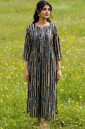Cotton Striped Printed A Line Kurta With Trouser