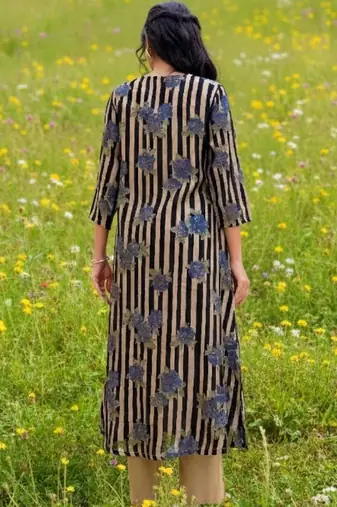 Cotton Striped Printed A Line Kurta With Trouser