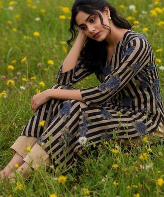 Cotton Striped Printed A Line Kurta With Trouser 5