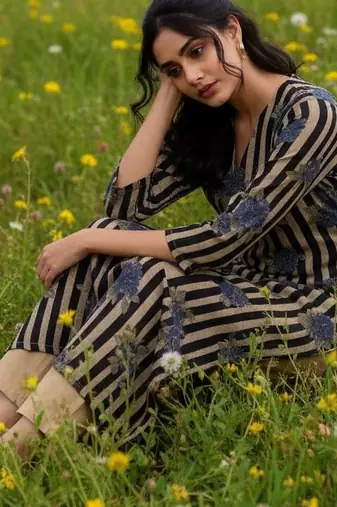 Cotton Striped Printed A Line Kurta With Trouser
