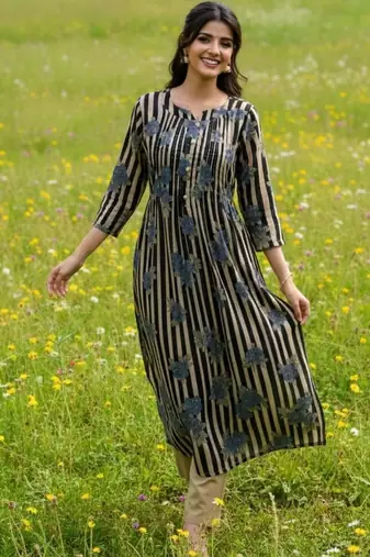 Cotton Striped Printed A Line Kurta With Trouser