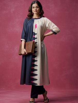 Women Colourblocked Regular  Cotton Kurta with Trousers 2
