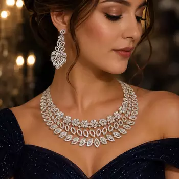 CZ Bridal Necklace and Earrings Set, Silver Crystal Statement Wedding Jewelry 1