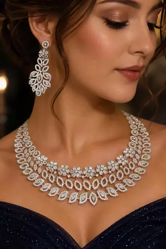 CZ Bridal Necklace and Earrings Set, Silver Crystal Statement Wedding Jewelry